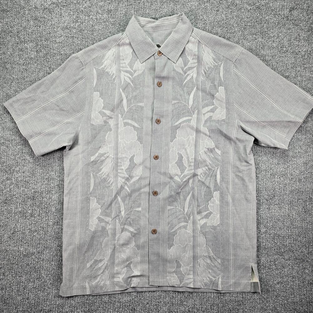 Tommy Bahama Shirt Mens Medium Gray 100% Silk Short Sleeve Floral Camp Tropical